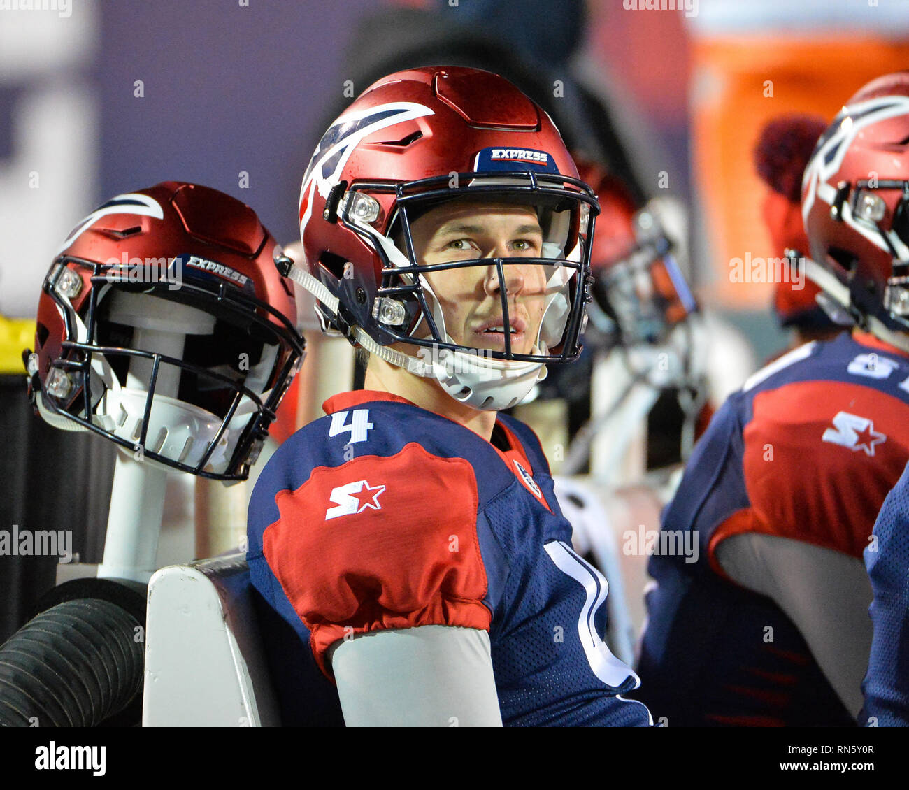 Memphis, TN, USA. 16th Feb, 2019. Memphis Express punter, Brad Wing (4),  during the AAF football game between the Arizona Hotshots and the Memphis  Express at Liberty Bowl Stadium in Memphis, TN.