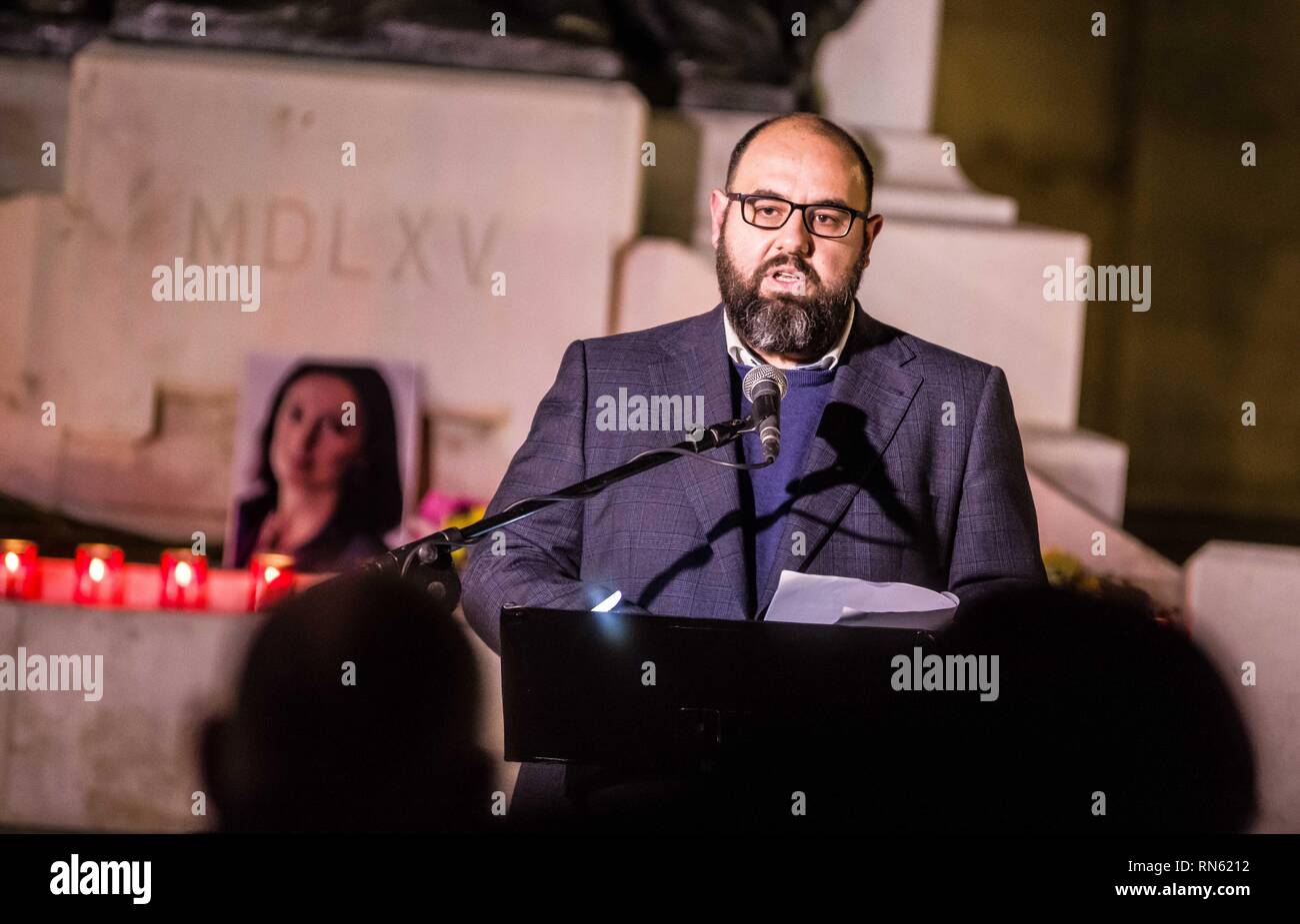 Valletta, Malta. 16th Feb, 2019. Journalist MANUEL DELIA, who has recently  filed legal complaints against Magistrate OWEN BONNICI for the clearing of  the candles and photos. Well over a year since the