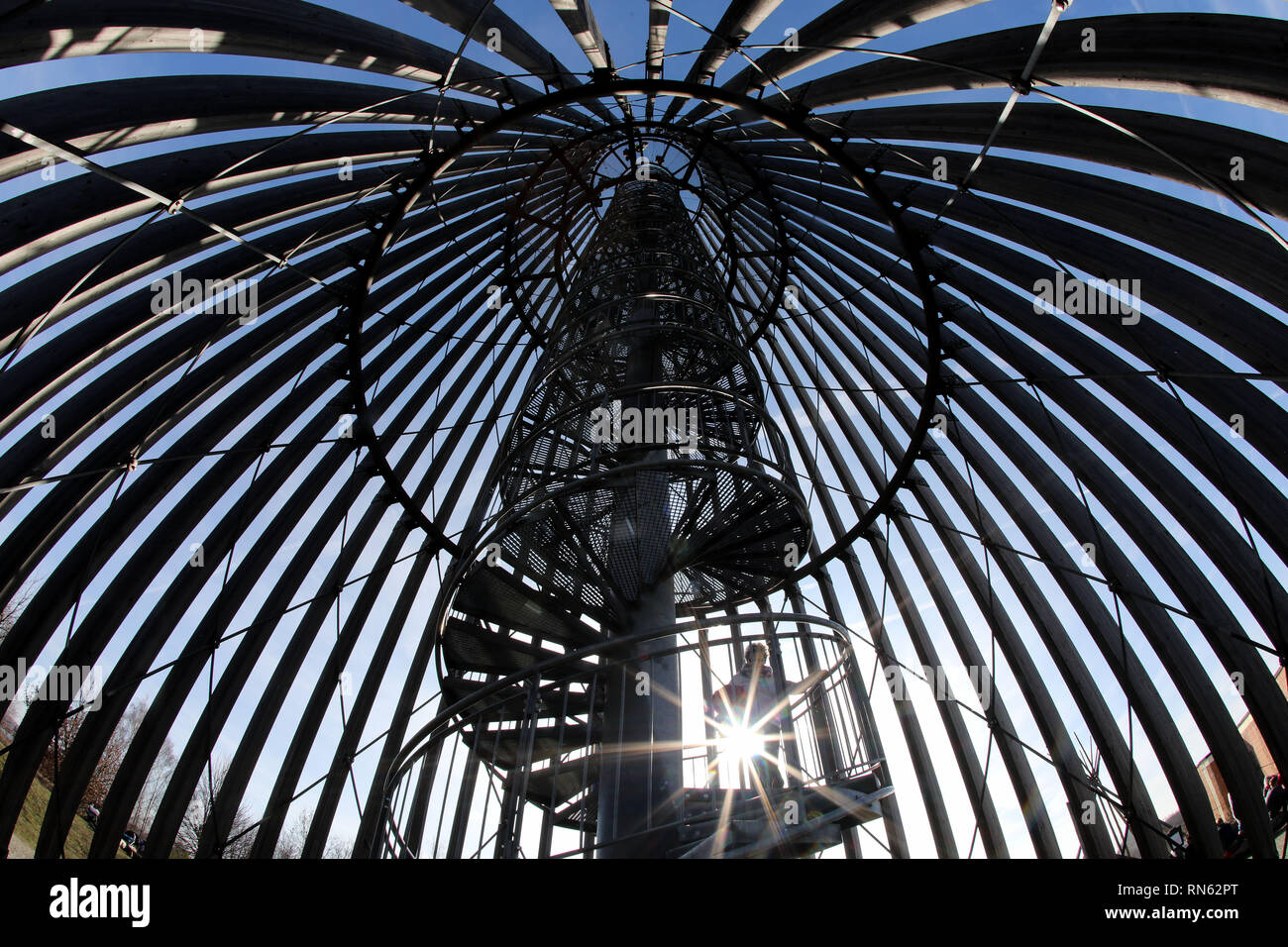 Leipzig, Germany. 17th Feb, 2019. Excursionists climb the observation tower on the Bistumshöhe at the Cospudener See in Leipzig. Credit: Jan Woitas/dpa-Zentralbild/dpa/Alamy Live News Stock Photo