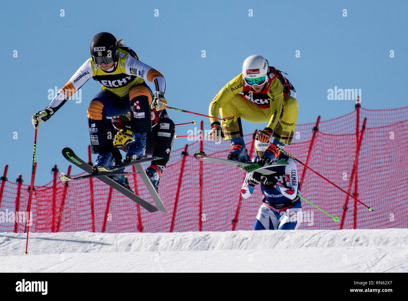 Feldberg, Germany. 17th Feb, 2019. Ski Cross: World Cup, quarter finals:  Lisa Andersson (l-r) from Sweden, Brittany Phelan from Canada, Daniela  Maier from Germany and Alizee Baron from France. Credit: Patrick  Seeger/dpa/Alamy
