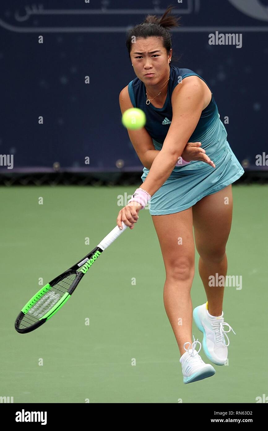 Dubai, UAE. 17th Feb, 2019. Han Xinyun of China in action during the first  round doubles match of Dubai Duty Free Tennis WTA Championships 2019  against Miyu Kato and Makoto Ninomiya of