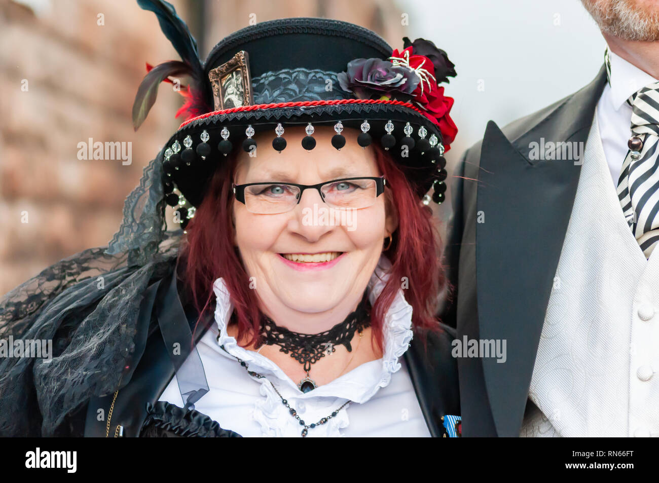 Edinburgh, Scotland, UK. 17th February, 2019. A woman dressed in a Goth costume arriving on day three of the Capital Sci-Fi Con held at the Edinburgh Corn Exchange. Credit: Skully/Alamy Live News Stock Photo