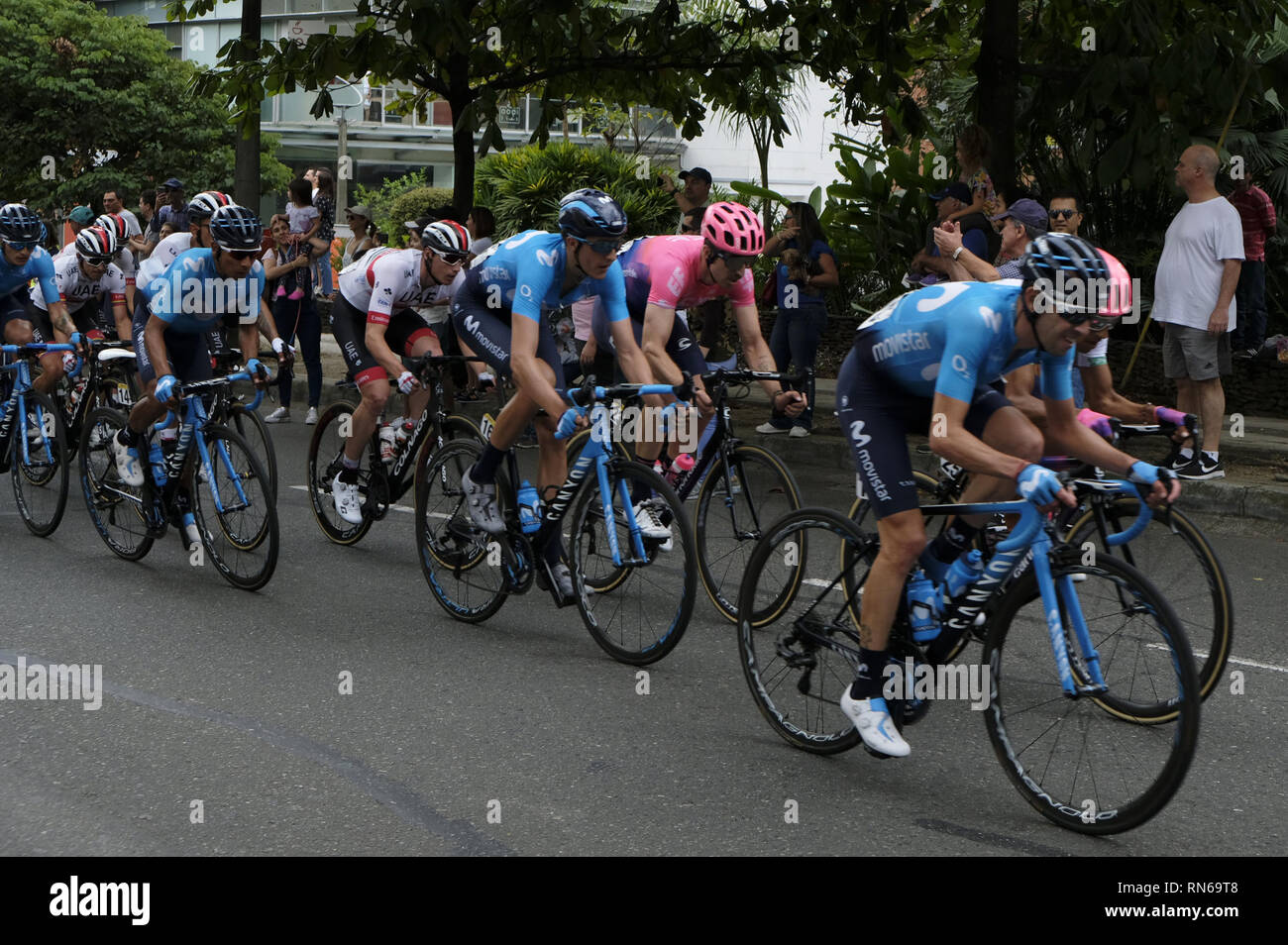 Medellin, Antioquia, Colombia. 17th Feb, 2019. Colombian cyclist Nairo Quintana (L), from the Movistar team seen pedalling with his team-mates during the race.Last day of the 2019 Tour Colombia 2.1 gave to the Colombian cyclist Miguel Ãngel LÃ³pez (Astana) the podium of the Tour after assaulting the leadership in the six and final stage. Sunday's stage 6 had 173.8 km, and travelled from El Retiro, Antioquia to a summit finish at Alto de las Palmas in Medellin, Colombia. Credit: Andres Pantoja/SOPA Images/ZUMA Wire/Alamy Live News Stock Photo