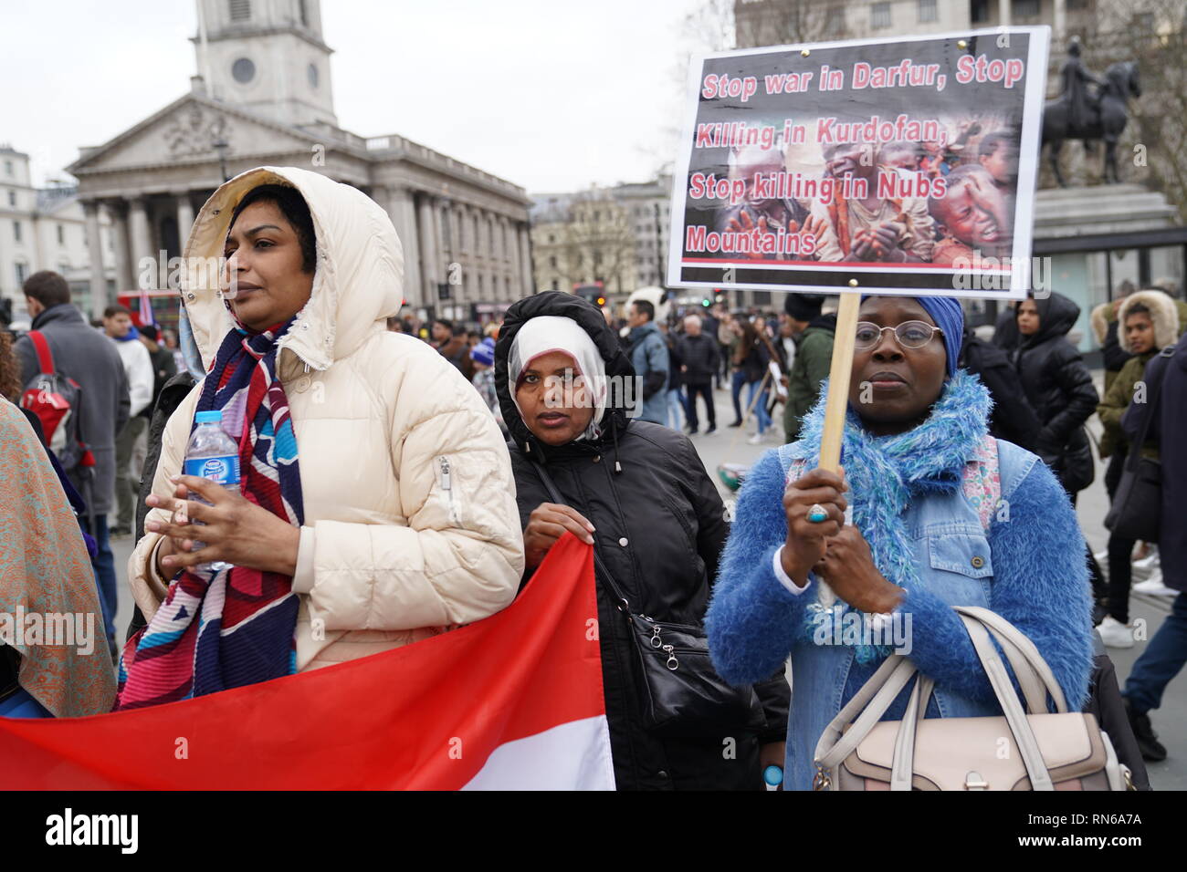 Trafalgar Square, London, UK. 16th Feb 2019. Photograph taken in central London during a protest organised by the Sudanese population in the UK in order to overthrow the Sudanese regime which has reigned for about 30 years causing civil upheaval and genocides mostly in the South Sudan which now holds its independence. The county overall has suffered from justice ranging from hyperinflation to unlawful imprisonment. Credit: Ioannis Toutoungi/Alamy Live News Stock Photo