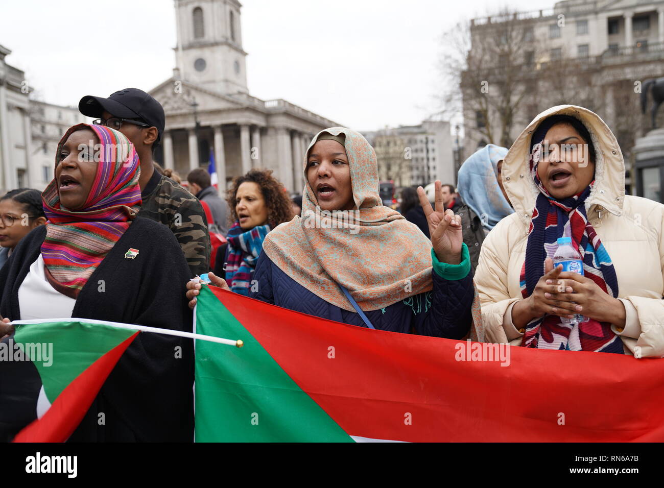 Trafalgar Square, London, UK. 16th Feb 2019. Photograph taken in central London during a protest organised by the Sudanese population in the UK in order to overthrow the Sudanese regime which has reigned for about 30 years causing civil upheaval and genocides mostly in the South Sudan which now holds its independence. The county overall has suffered from justice ranging from hyperinflation to unlawful imprisonment. Credit: Ioannis Toutoungi/Alamy Live News Stock Photo