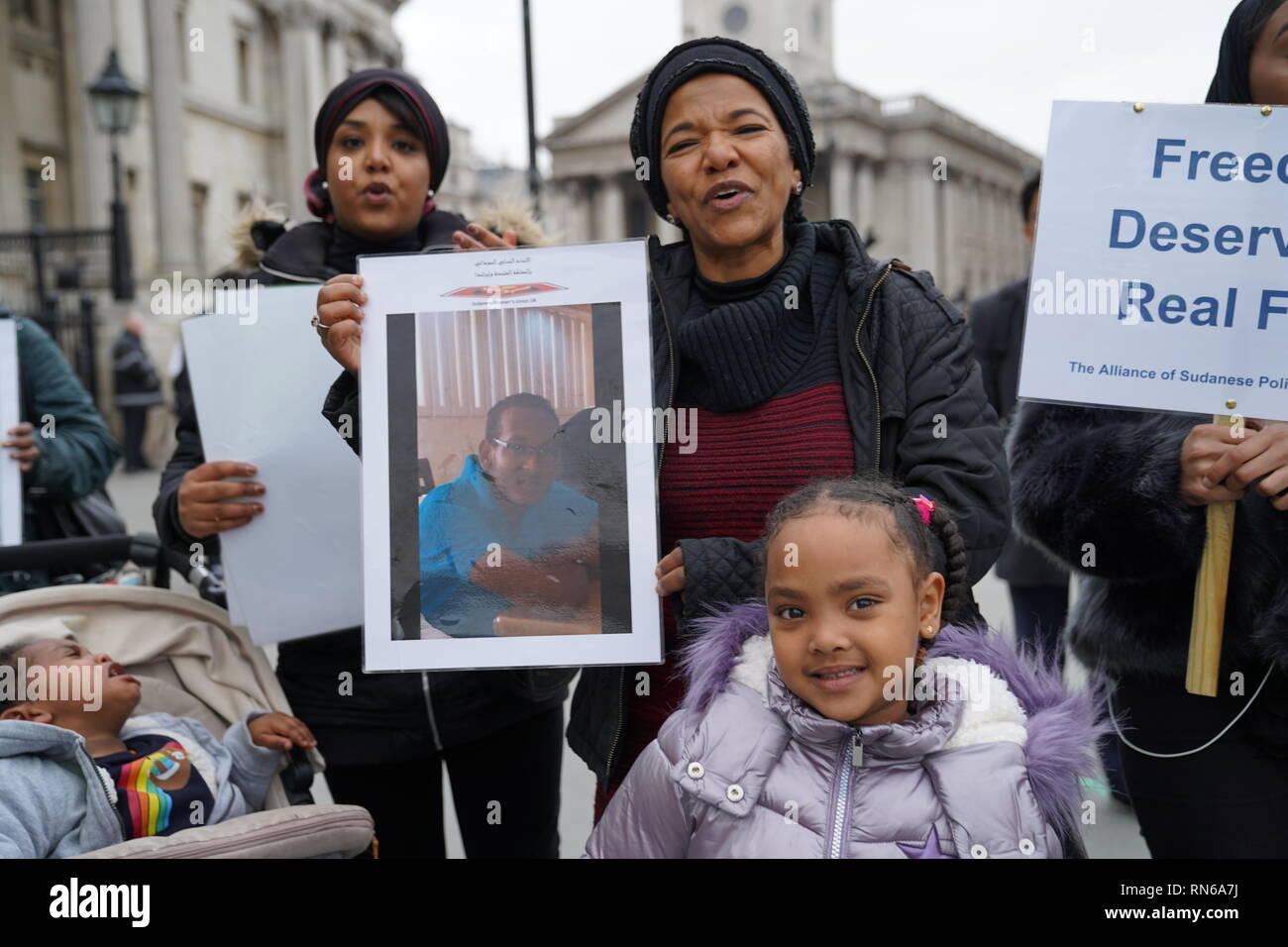 Trafalgar Square, London, UK. 16th Feb 2019. Photograph taken in central London during a protest organised by the Sudanese population in the UK in order to overthrow the Sudanese regime which has reigned for about 30 years causing civil upheaval and genocides mostly in the South Sudan which now holds its independence. The county overall has suffered from justice ranging from hyperinflation to unlawful imprisonment. Credit: Ioannis Toutoungi/Alamy Live News Stock Photo