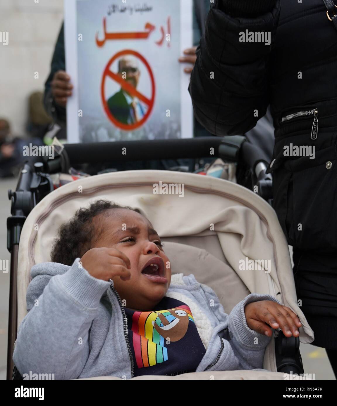 Trafalgar Square, London, UK. 16th Feb 2019. Photograph taken in central London during a protest organised by the Sudanese population in the UK in order to overthrow the Sudanese regime which has reigned for about 30 years causing civil upheaval and genocides mostly in the South Sudan which now holds its independence. The county overall has suffered from justice ranging from hyperinflation to unlawful imprisonment. Credit: Ioannis Toutoungi/Alamy Live News Stock Photo