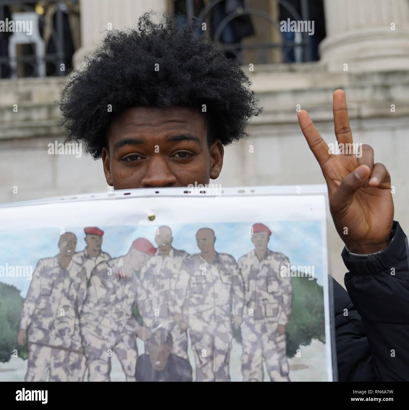 Trafalgar Square, London, UK. 16th Feb 2019. Photograph taken in central London during a protest organised by the Sudanese population in the UK in order to overthrow the Sudanese regime which has reigned for about 30 years causing civil upheaval and genocides mostly in the South Sudan which now holds its independence. The county overall has suffered from justice ranging from hyperinflation to unlawful imprisonment. Credit: Ioannis Toutoungi/Alamy Live News Stock Photo