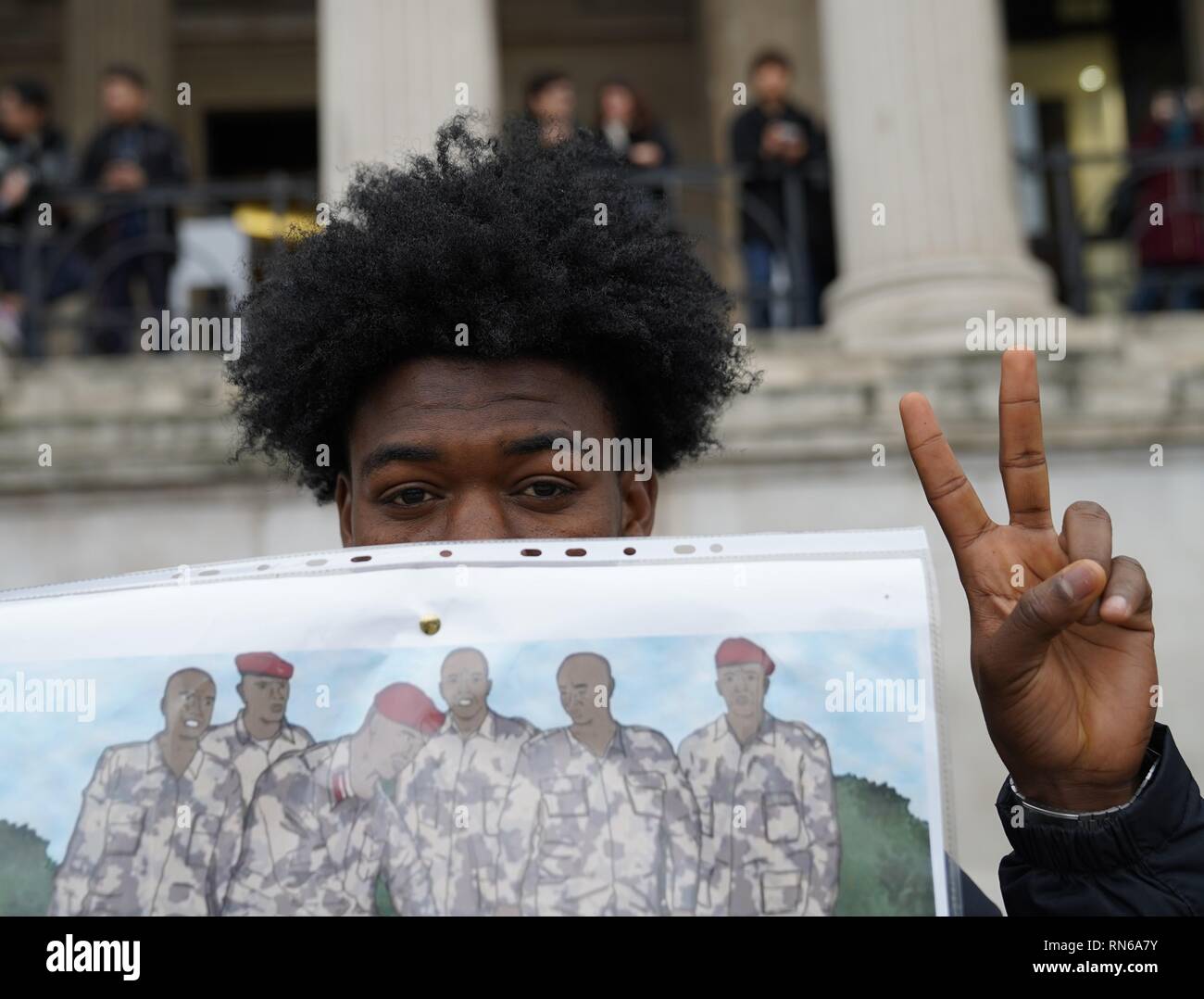 Trafalgar Square, London, UK. 16th Feb 2019. Photograph taken in central London during a protest organised by the Sudanese population in the UK in order to overthrow the Sudanese regime which has reigned for about 30 years causing civil upheaval and genocides mostly in the South Sudan which now holds its independence. The county overall has suffered from justice ranging from hyperinflation to unlawful imprisonment. Credit: Ioannis Toutoungi/Alamy Live News Stock Photo