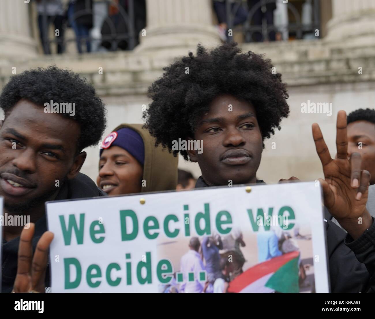 Trafalgar Square, London, UK. 16th Feb 2019. Photograph taken in central London during a protest organised by the Sudanese population in the UK in order to overthrow the Sudanese regime which has reigned for about 30 years causing civil upheaval and genocides mostly in the South Sudan which now holds its independence. The county overall has suffered from justice ranging from hyperinflation to unlawful imprisonment. Credit: Ioannis Toutoungi/Alamy Live News Stock Photo