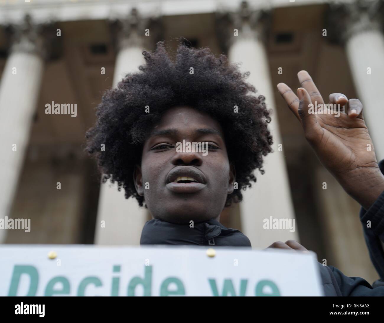 Trafalgar Square, London, UK. 16th Feb 2019. Photograph taken in central London during a protest organised by the Sudanese population in the UK in order to overthrow the Sudanese regime which has reigned for about 30 years causing civil upheaval and genocides mostly in the South Sudan which now holds its independence. The county overall has suffered from justice ranging from hyperinflation to unlawful imprisonment. Credit: Ioannis Toutoungi/Alamy Live News Stock Photo