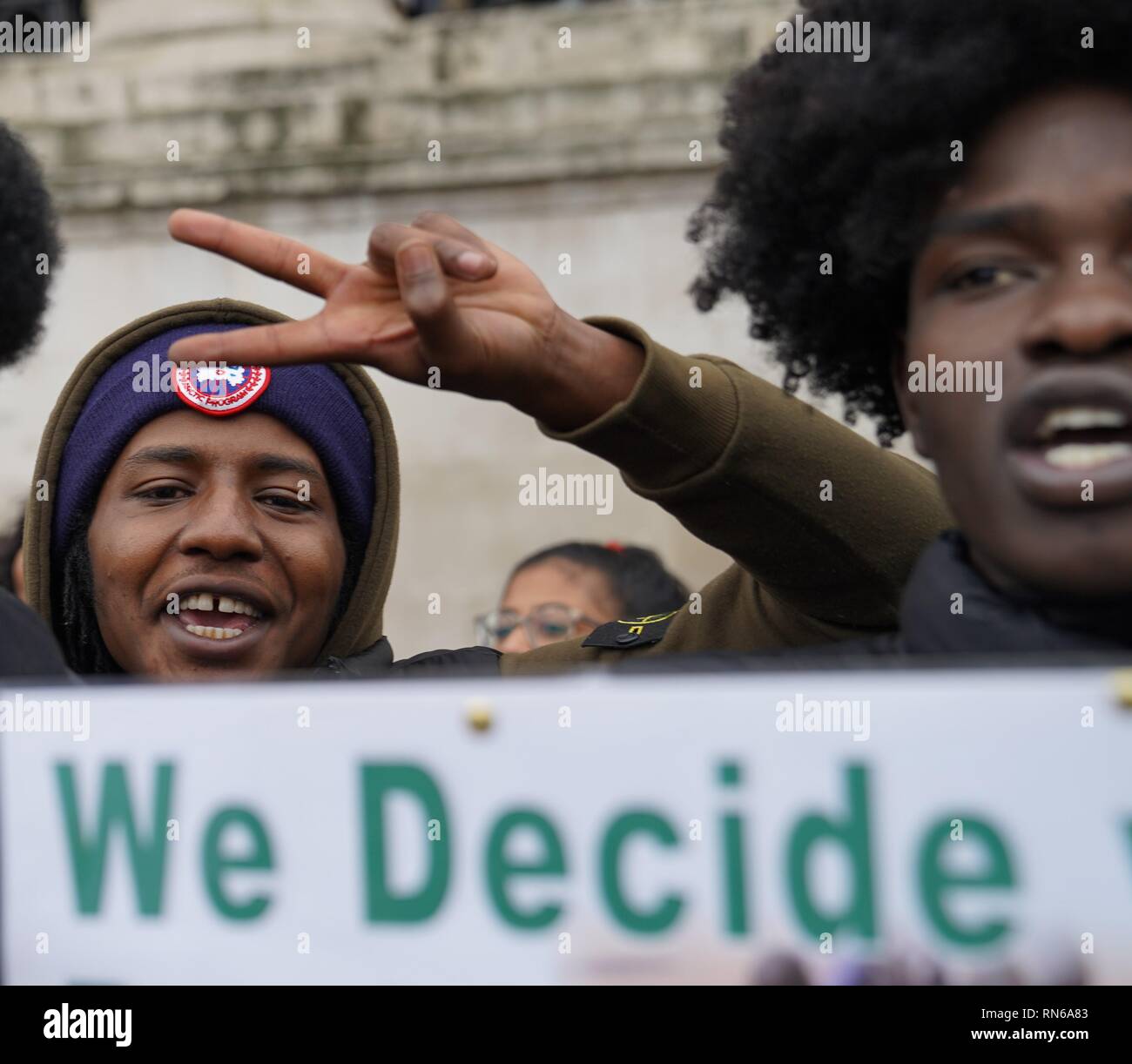 Trafalgar Square, London, UK. 16th Feb 2019. Photograph taken in central London during a protest organised by the Sudanese population in the UK in order to overthrow the Sudanese regime which has reigned for about 30 years causing civil upheaval and genocides mostly in the South Sudan which now holds its independence. The county overall has suffered from justice ranging from hyperinflation to unlawful imprisonment. Credit: Ioannis Toutoungi/Alamy Live News Stock Photo