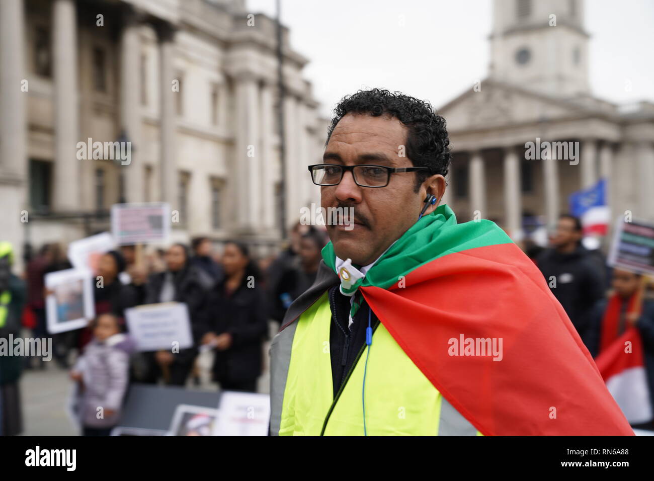 Trafalgar Square, London, UK. 16th Feb 2019. Photograph taken in central London during a protest organised by the Sudanese population in the UK in order to overthrow the Sudanese regime which has reigned for about 30 years causing civil upheaval and genocides mostly in the South Sudan which now holds its independence. The county overall has suffered from justice ranging from hyperinflation to unlawful imprisonment. Credit: Ioannis Toutoungi/Alamy Live News Stock Photo