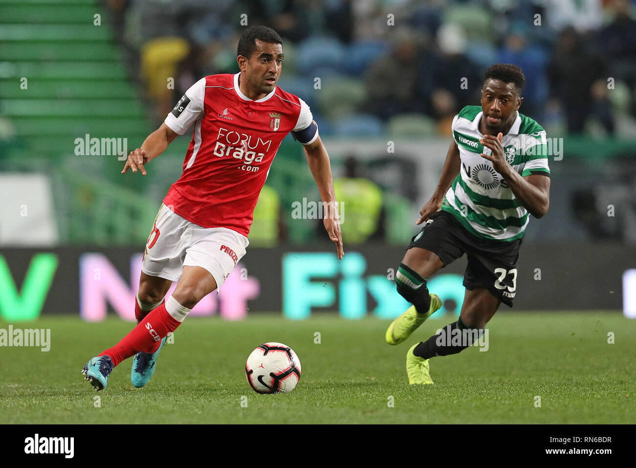 Lisbon, PORTUGAL, Portugal. 17th Feb, 2019. Marcelo Goiano of SC Braga (L)  vies for the ball with Abdoulay Diaby of Sporting CP (R) during the League  NOS 2018/19 footballl match between Sporting