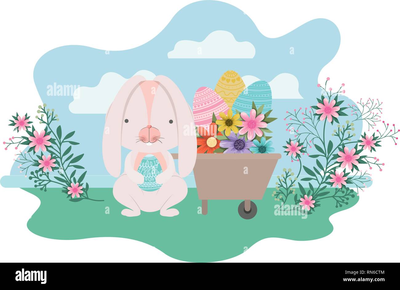 bunny on landscape with easter egg icon Stock Vector