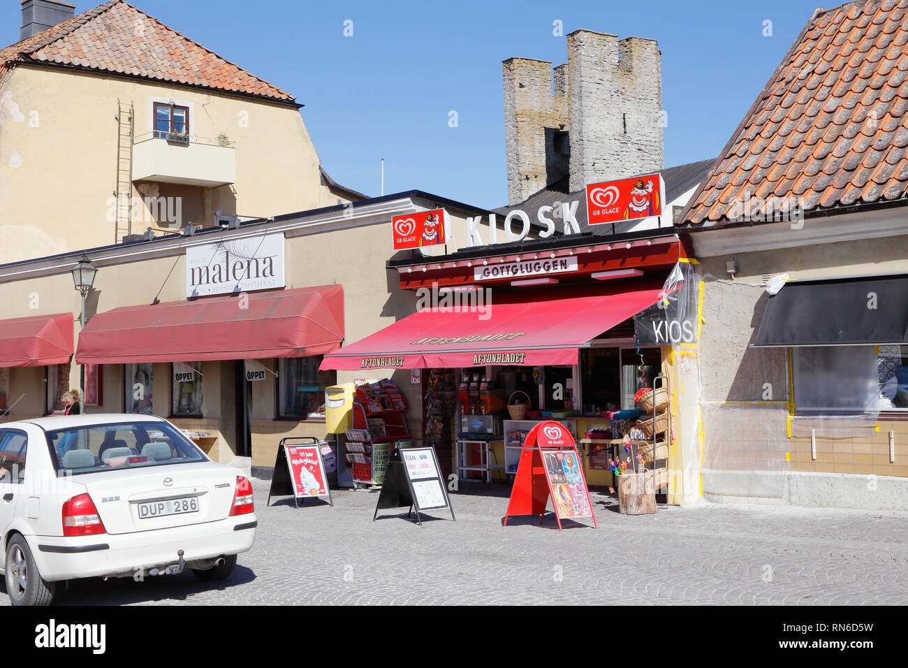 Visby Square Visby, Sweden - May 12, 2016: The kiosk Gorrgluggen located at the ...