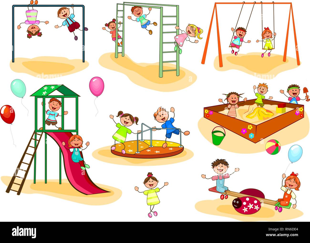 Happy kids play on the playground. Joyful little children. A group of happy, smiling children. Stock Vector