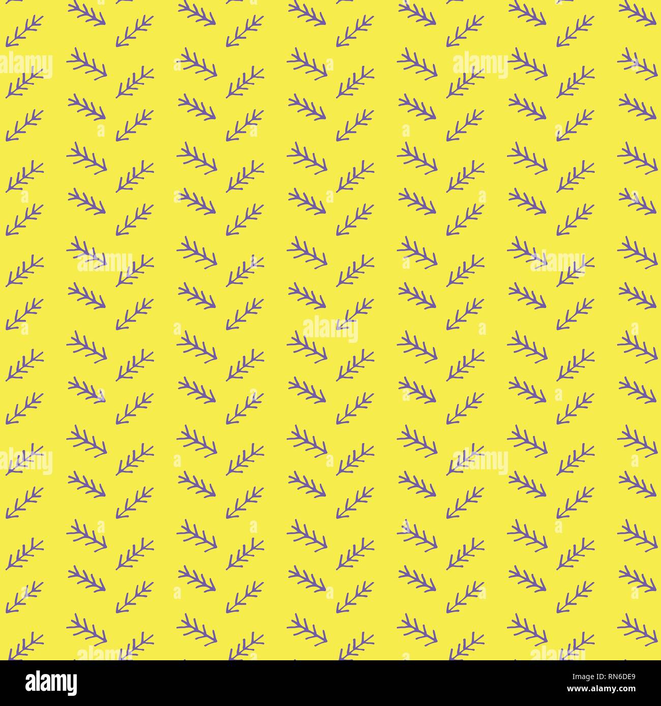 Vector mimicking folk herringbone stitching repeat seamless pattern. Purple hand drawn tribal lines and stripes, on yellow background. Stock Vector