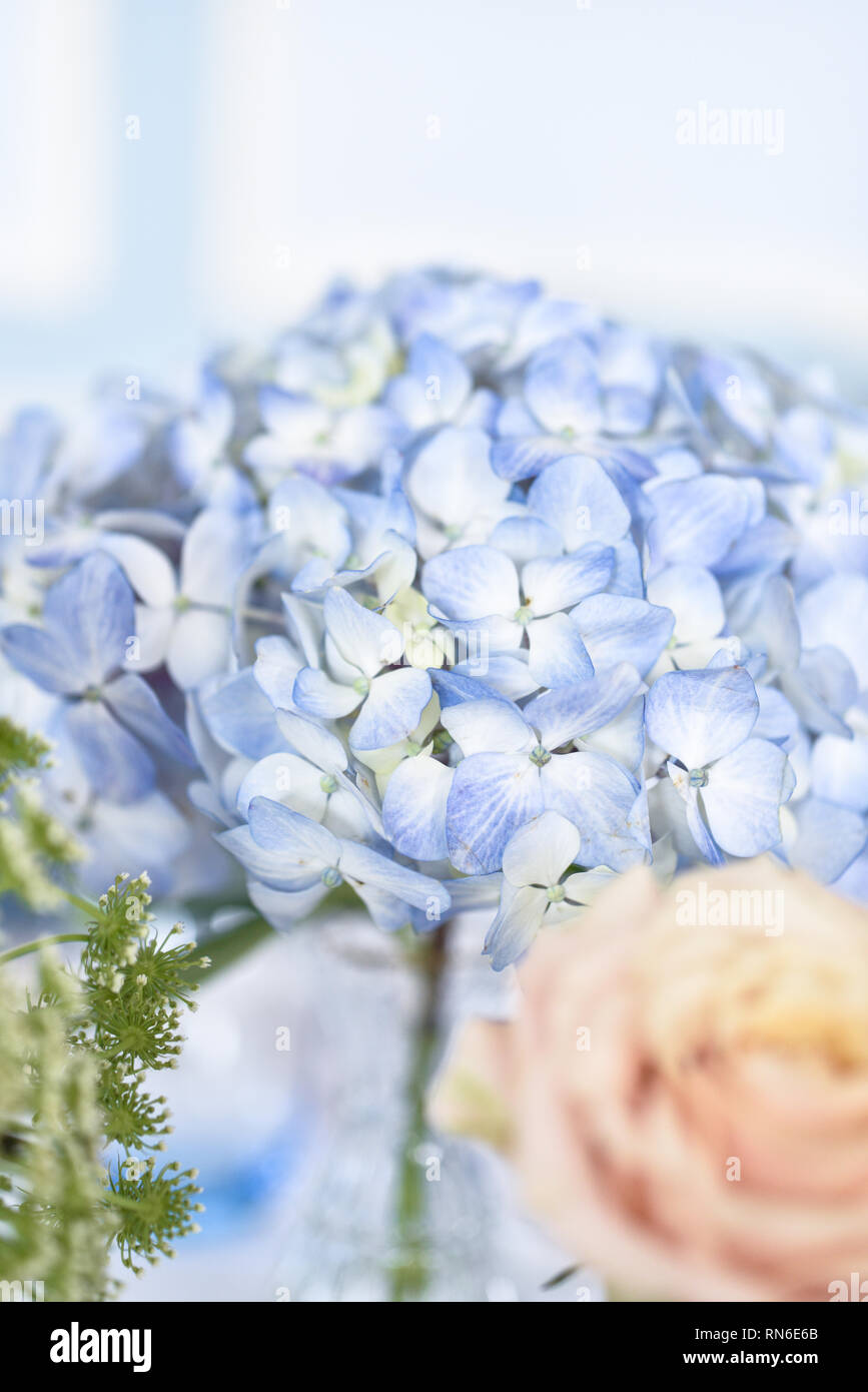 A beautiful Wedding table set up with soft pastel coloured flowers and antique French glasswear - it is soft, elegant and aspirational Stock Photo