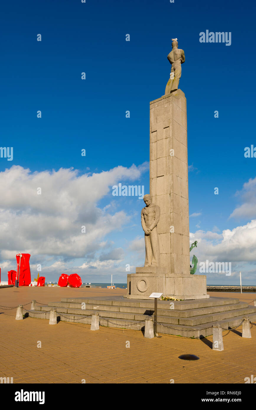The Monument to Sailors on Zeeheldenplein Square and the Rock Strangers by Arne Quinze. Controversial modern art work on the dam of Ostend. Belgium Stock Photo
