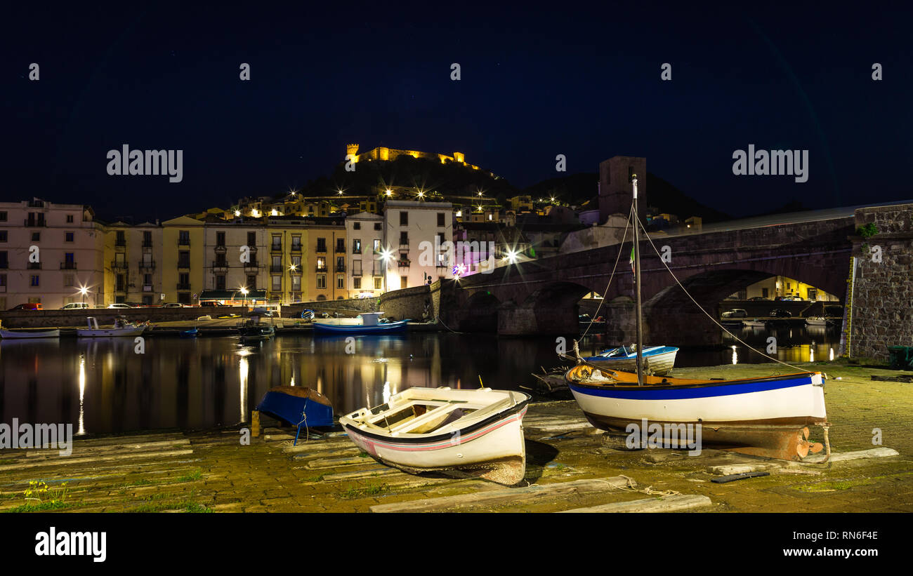 Picturesque little village  Bosa by night, a colorful small village  in Sardinia island, Italy Stock Photo