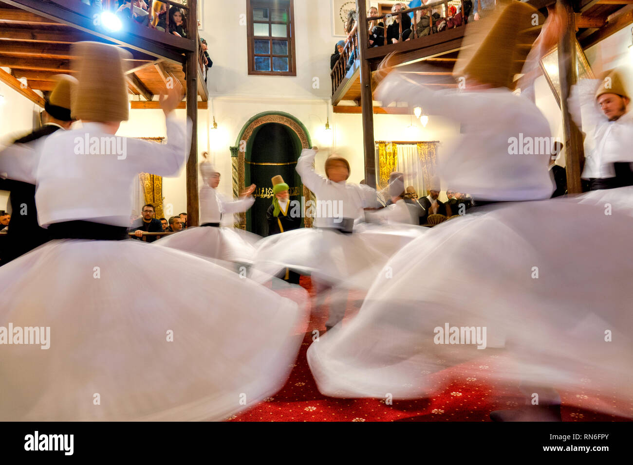 Whirling dervishes in the Culture Centre Of Karabas-i Veli, Bursa, Turkey Stock Photo
