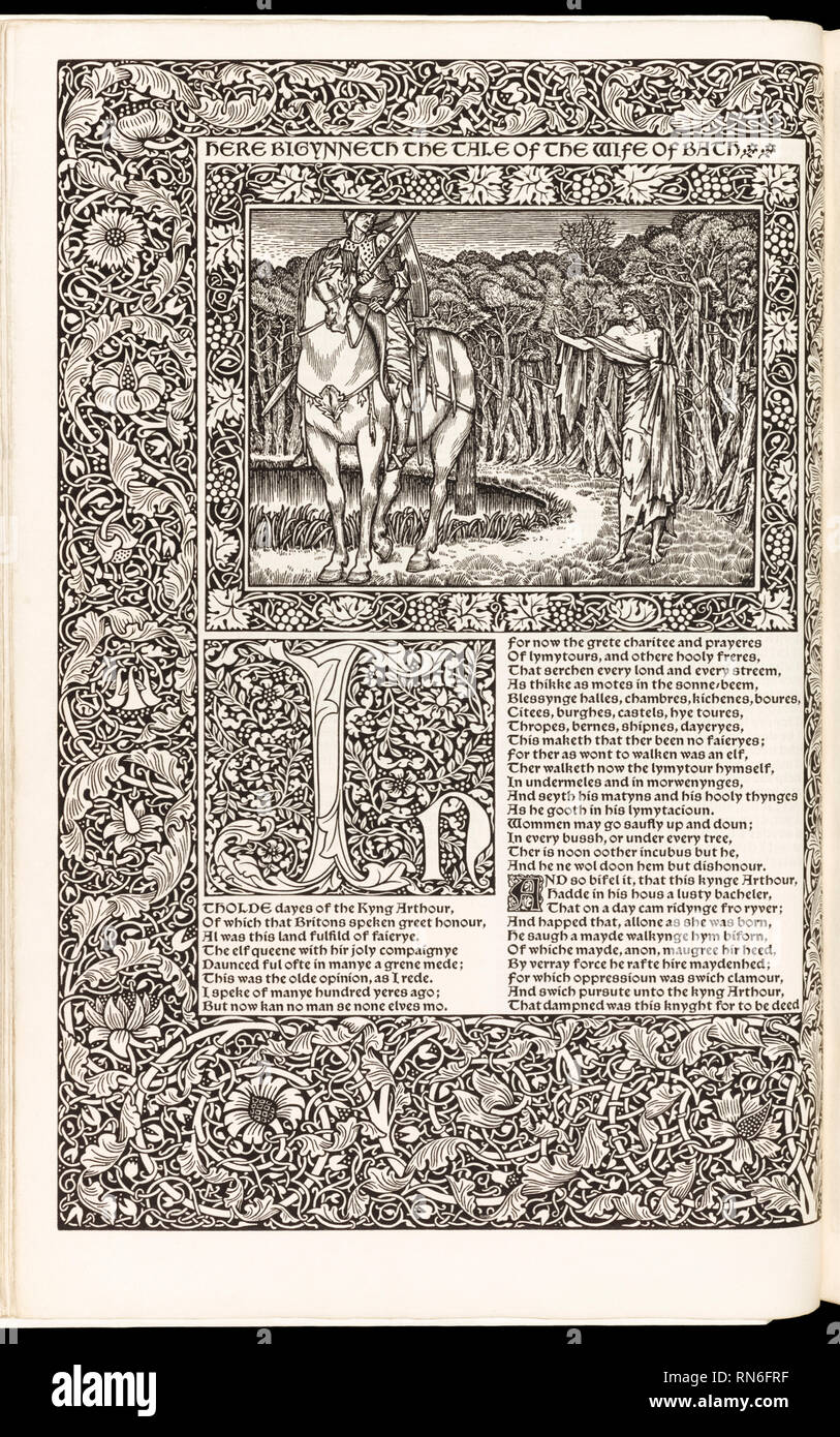 ‘The Works of Geoffrey Chaucer Now Newly Imprinted’ by Geoffrey Chaucer (1343-1400) featuring woodcuts by Edward Burne-Jones (1833-1898) and printed on Batchelor handmade paper, published by Kelmscott Press in 1896. Stock Photo
