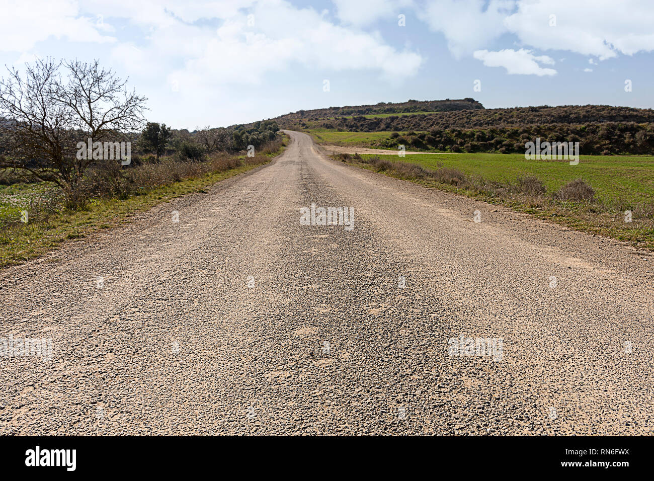 Road to the future concept. Old paved road leading to the horizon. Way throw landscape. Horitzontal shoot. Stock Photo