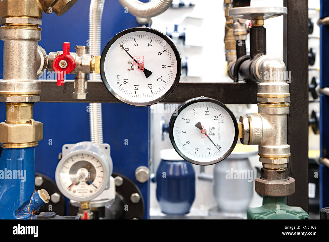 The equipment of the boilerhouse, valves, tubes, pressure gauges
