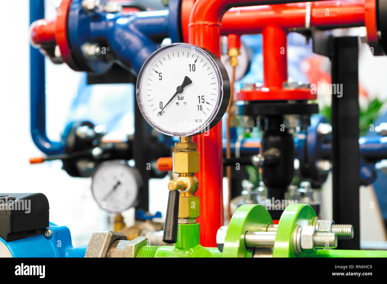 The equipment of the boilerhouse, valves, tubes, pressure gauges