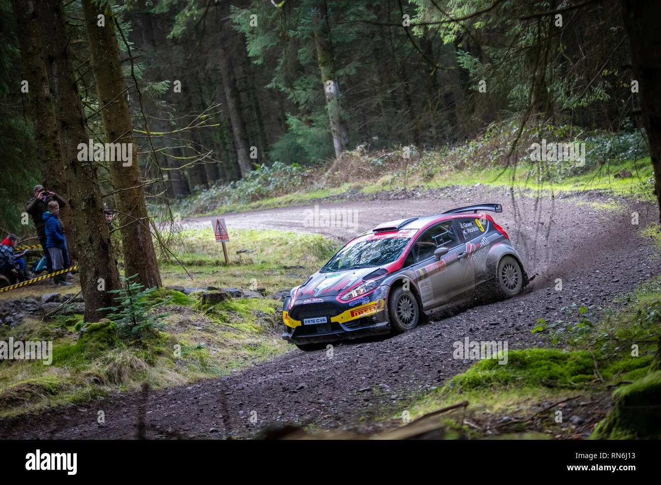 Rally car competing in the 2019 Cambrian Rally, in Alwen Forest, North Wales Stock Photo