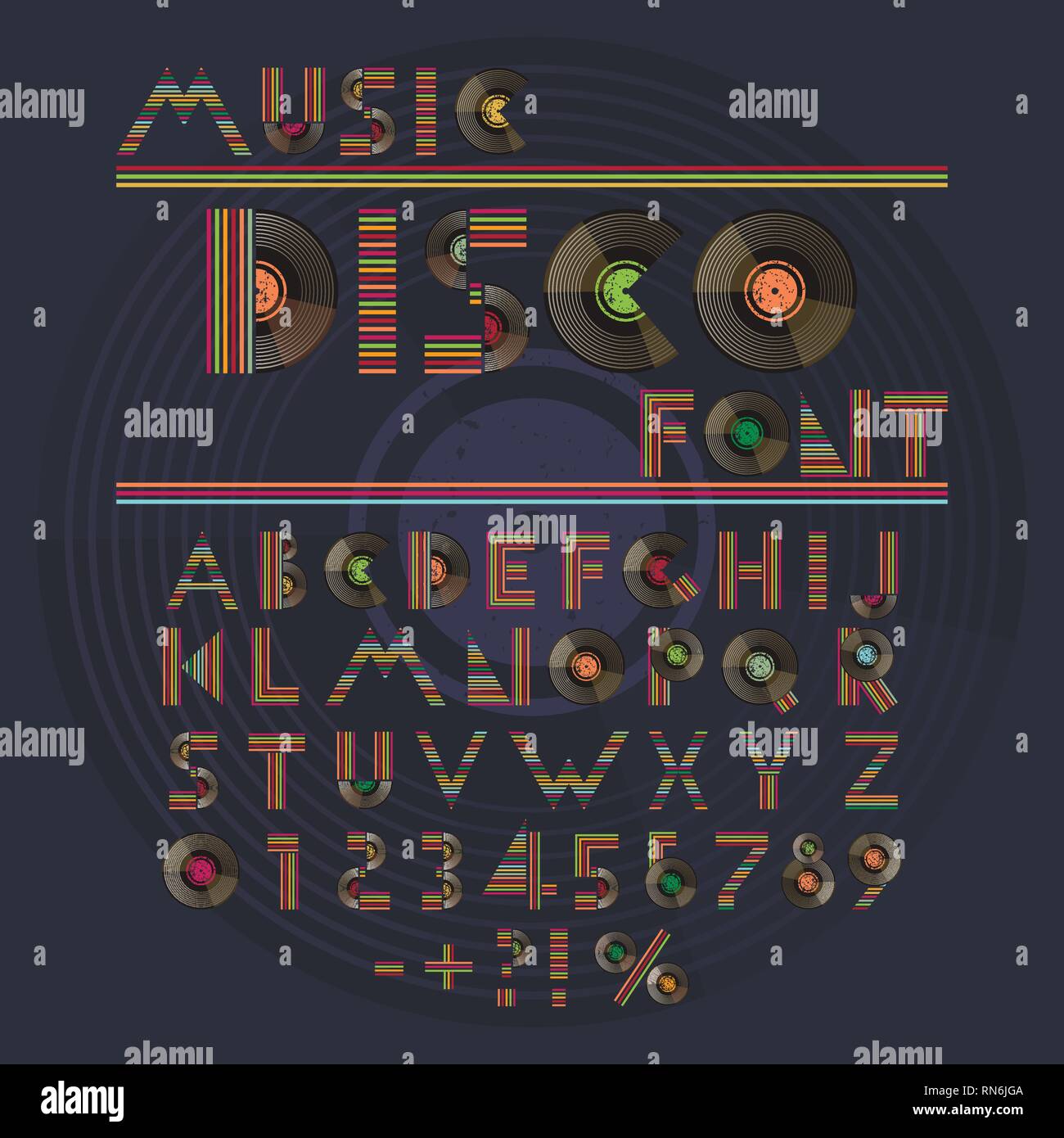 Music disco retro font. Alphabet and numbers with vinyl records Stock