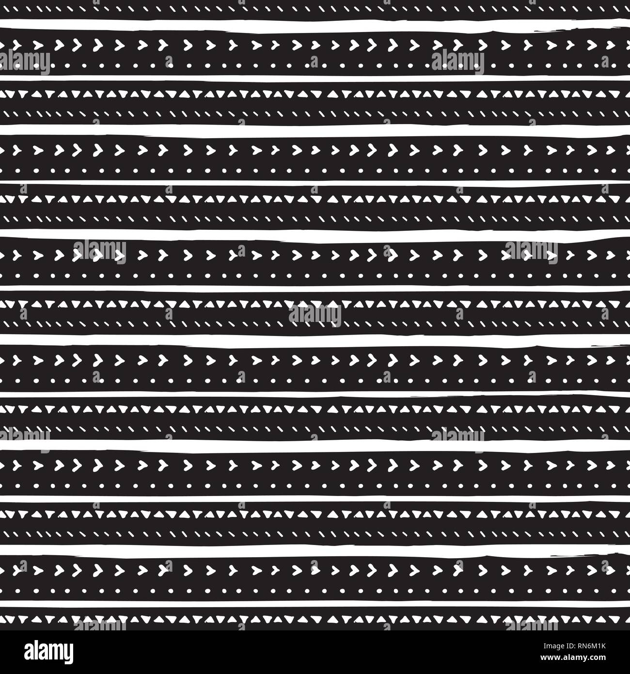 Vector seamless pattern with handdrawn stripes and triangles . Hand drawn white stripes, triangles and lines on black background. Stock Vector