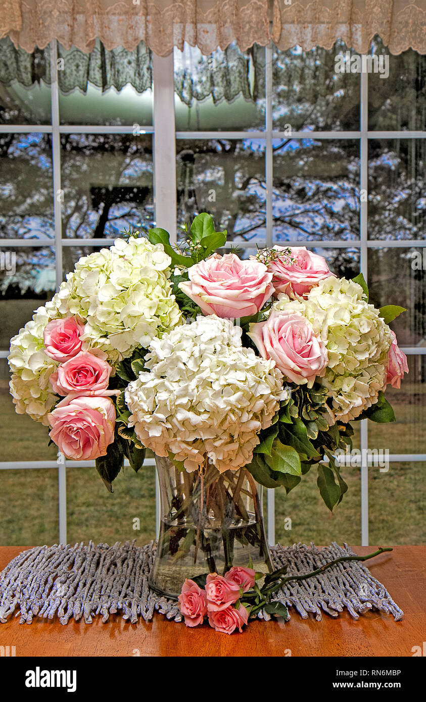 Large Beautiful Bouquet of Hydrangeas and Pink Roses in Home. Some images isolated on white