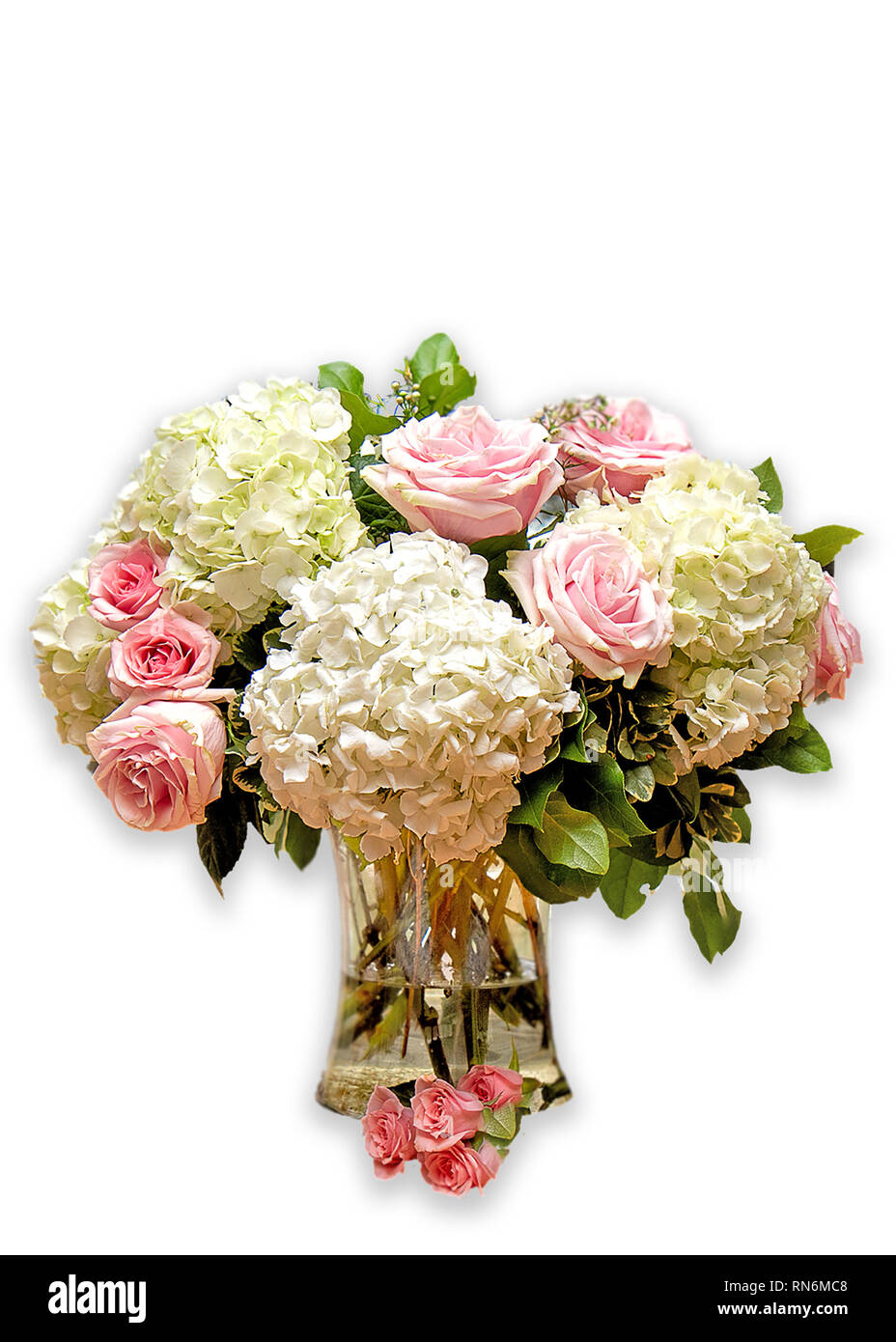 Large Beautiful Bouquet of Hydrangeas and Pink Roses in Home. Some images isolated on white