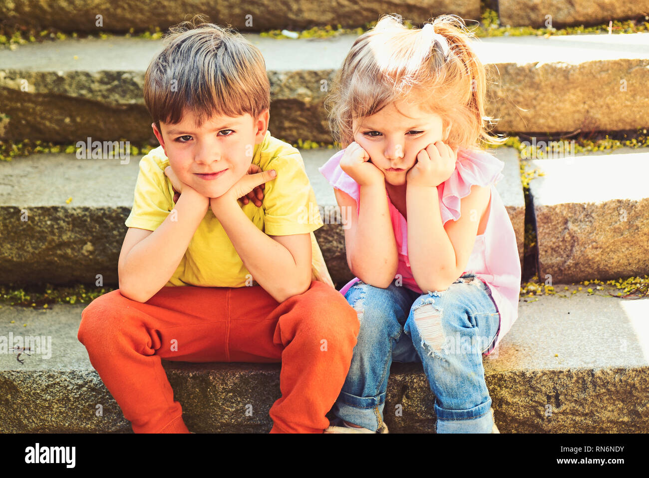 Childhood First Love Summer Holiday And Vacation Small Girl And Boy On Stairs Relations Couple Of Little Children Boy And Girl Best Friends Stock Photo Alamy