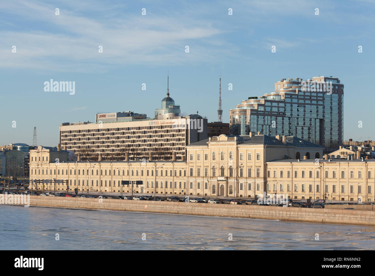 Hotel “Saint-Petersburg” and S.M. Kirov Military Medical Academy, Pirogovskaya embankment, St. Petersburg, Russia. Stock Photo