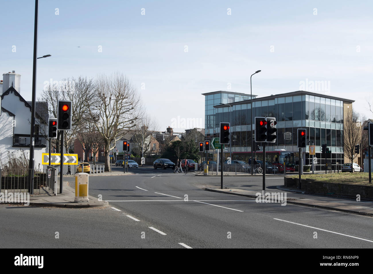 traffic lights showing red at  richmond circus, richmond upon thames, surrey, england Stock Photo