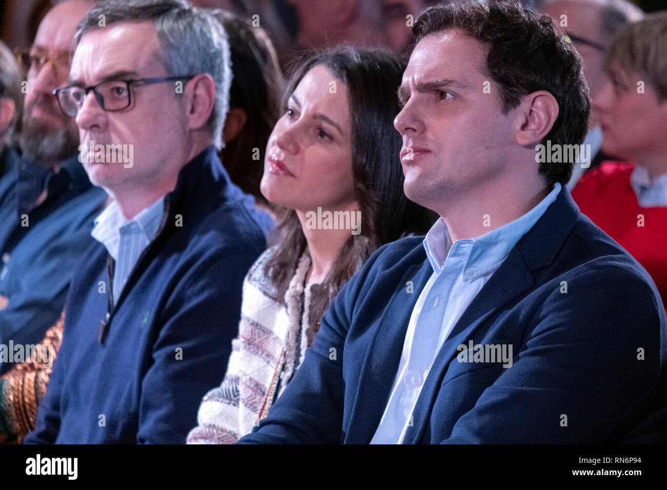 (L to R) José Manuel Villegas, Inés Arrimadas, and Albert Rivera, all leaders of Ciudadanos are seen during the campaigns After the advance of the electoral date for the general elections in Spain, Albert Rivera, leader of Ciudadanos has made what could be his first act of campaign in Catalonia. After the cancellation of the demonstration in Barcelona to request the electoral advance and after the impossibility of approving the budgets of Pedro Sanchez, Albert Rivera has decided to carry out his first act of electoral campaign in the AC Barcelona Fòrum Hotel. Stock Photo