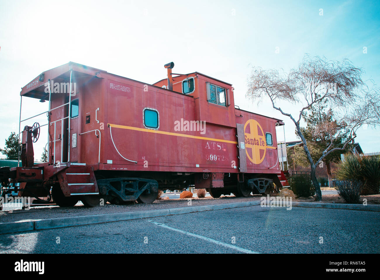 Barstow, California, USA - Santa Fe red Train at Western America Railroad Museum near Harvey House Railroad Depotis dedicated to history of railroadin Stock Photo