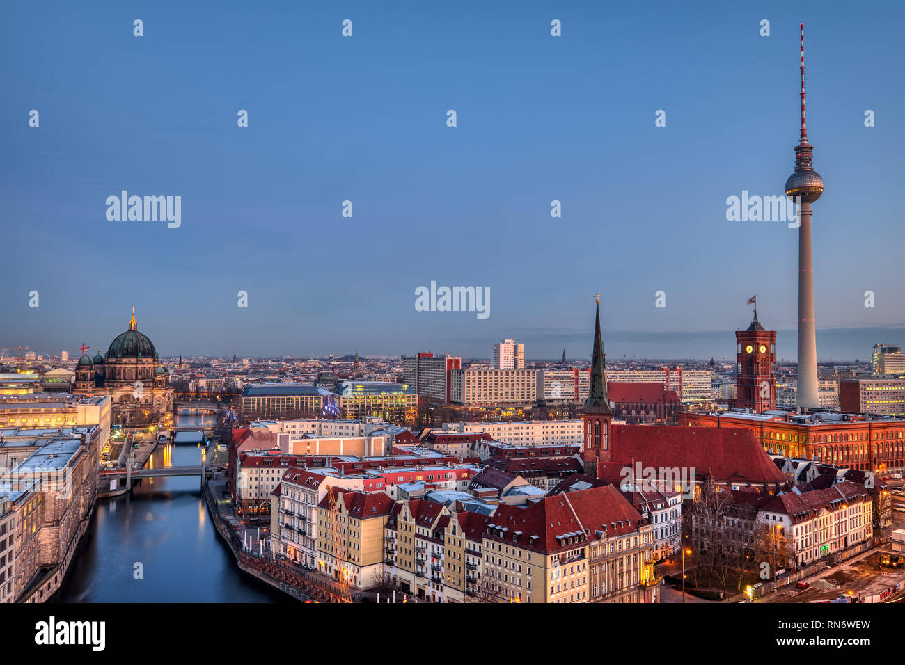 The heart of Berlin with the famous Television Tower at dawn Stock Photo