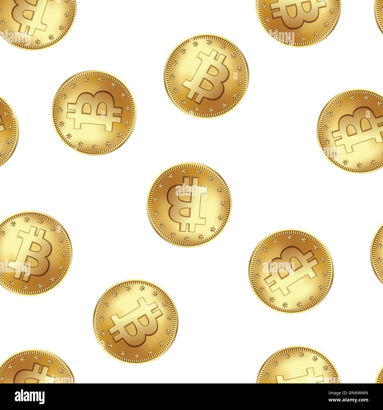 Bitcoin golden coin seamless pattern. Golden rain of flying money. Stock Vector