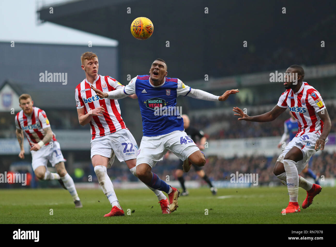 Collin Quaner of Ipswich Town goes down in the penalty area after battling withSam Clucas of Stoke City - Ipswich Town v Stoke City, Sky Bet Champions Stock Photo