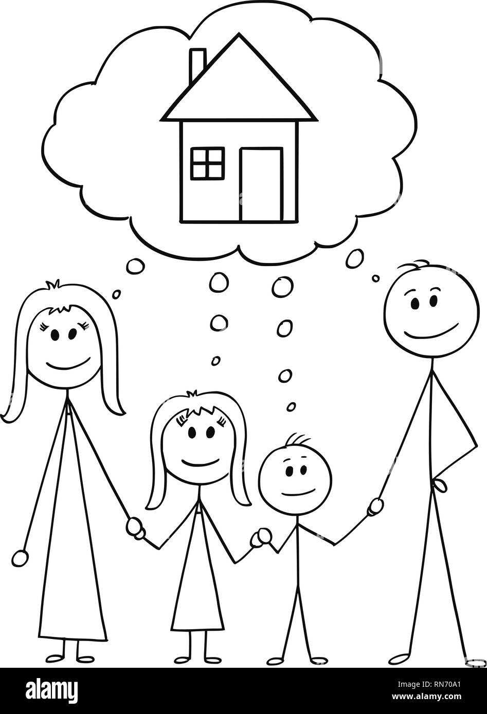 Cartoon of Family, Couple of Man and Woman and Two Children Thinking About Buying Family House Stock Vector