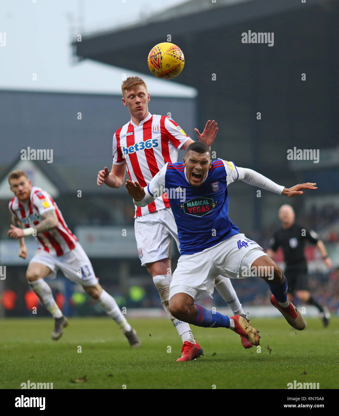 Collin Quaner of Ipswich Town goes down in the penalty area after battling withSam Clucas of Stoke City - Ipswich Town v Stoke City, Sky Bet Champions Stock Photo