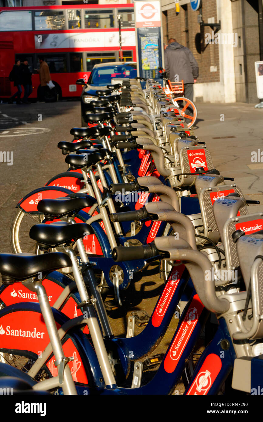 Santander rental bikes in a London street, London, United Kingdom. Stock Photo
