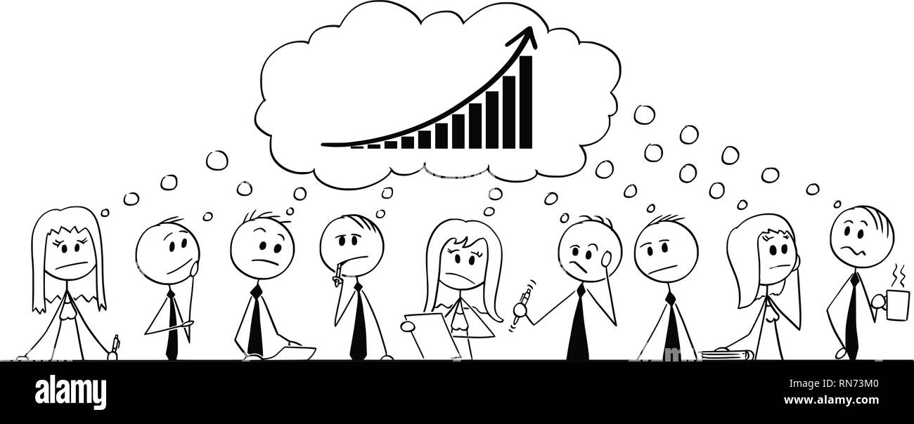 Cartoon of Team of Businessmen During Brainstorming Thinking About Success and Growth Graph Stock Vector