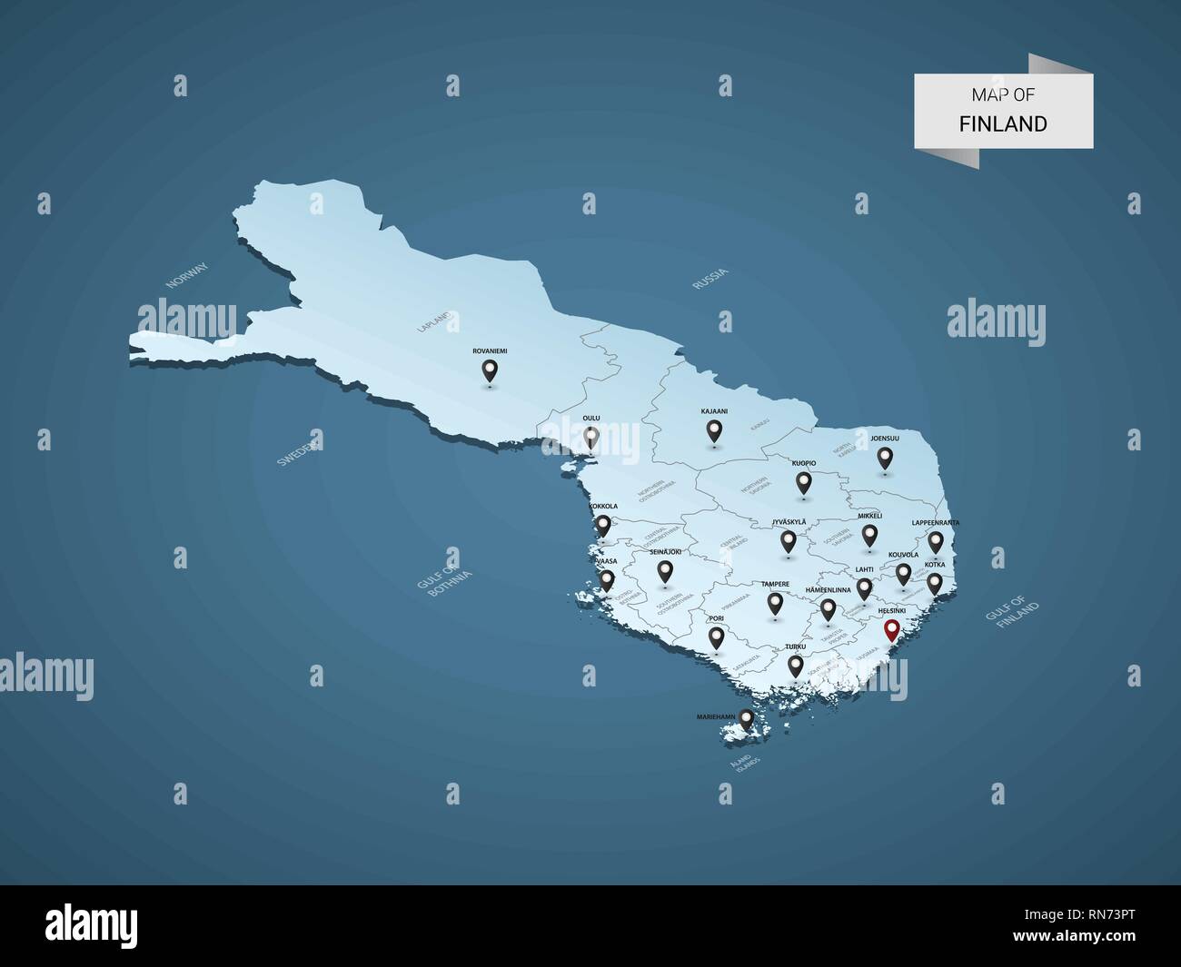 Isometric  3D Finland map. Stylized vector map illustration with cities, borders, capital, administrative divisions and pointer marks; gradient backgr Stock Vector