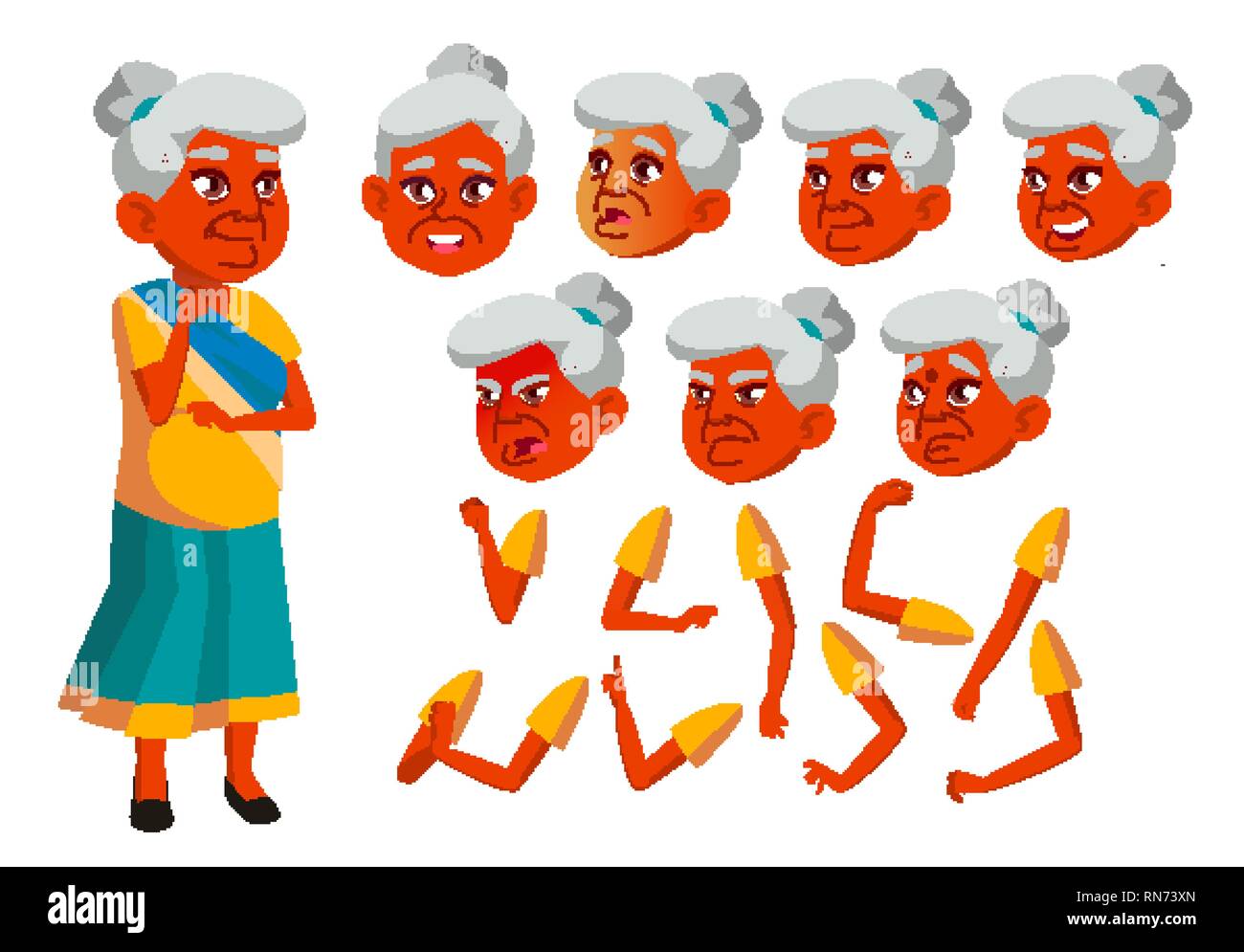 Indian Old Woman Vector. Senior Person. Aged, Elderly People. Positive. Face Emotions, Various Gestures. Animation Creation Set. Isolated Flat Cartoon Stock Vector
