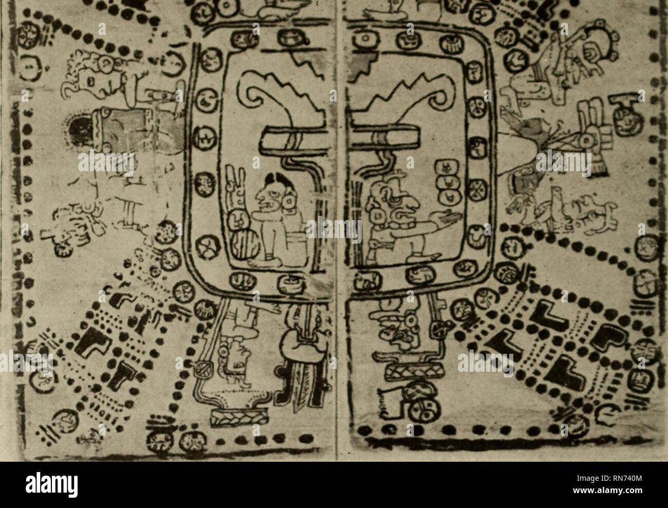 . Ancient civilizations of Mexico and Central America. Indians of Mexico; Indians of Central America. UJBm. Plate XVIII. Scheme of the Mayan Calendar as presented in the Codex Tro-Cortesianus. In the center is Itzamna, the God of the Sky, and his spouse, under what has been called the celestial tree. The band of hieroglyphs that frames in this picture contains the twenty day signs of the Mayan month. The figures on the outside are arranged in four groups, according to the four directions of the compass. At the top or east we again see Itzamna and his mate. In the north, or right hand quarter,  Stock Photo
